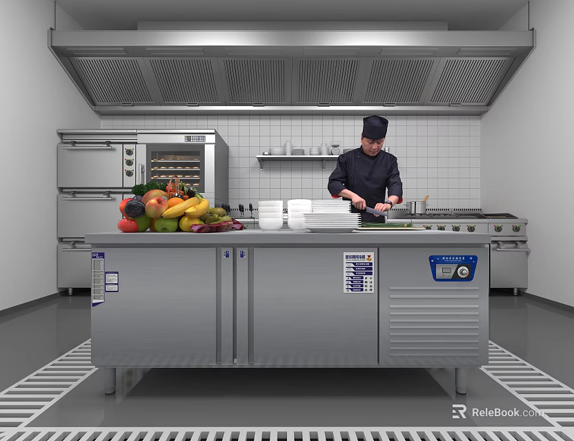Professional Commercial Kitchen With Chef Preparing Food And Fresh Produce On Stainless Steel Workbench 3d model 