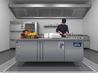 Professional Commercial Kitchen With Chef Preparing Food And Fresh Produce On Stainless Steel Workbench 3d model