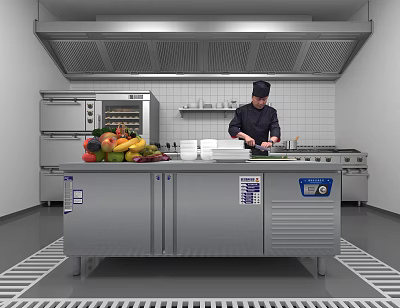 Professional Commercial Kitchen With Chef Preparing Food And Fresh Produce On Stainless Steel Workbench 3d model