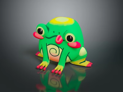 Green Reptile With Yellow Head Red Cheeks Pink Claws Spiral Pattern Dark Background Reflection 3d model