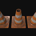 Three Worn Traffic Cones With Orange And White Stripes On Black Background