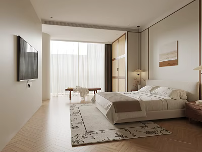 Modern Bedroom Interior With White Bed Nightstand TV On Wall And Wooden Floor 3d model