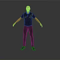 Man Standing In Gray Background Wearing Black Short Sleeved Shirt And Pants With Arms Outstretched