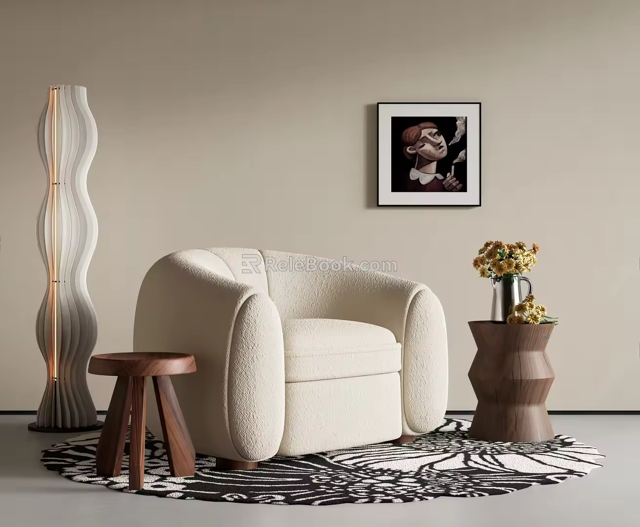 Cream Single Person Sofa Lamb Velvet Single Person Sofa Casual Sofa Side Corner Floor Lamp 3d model