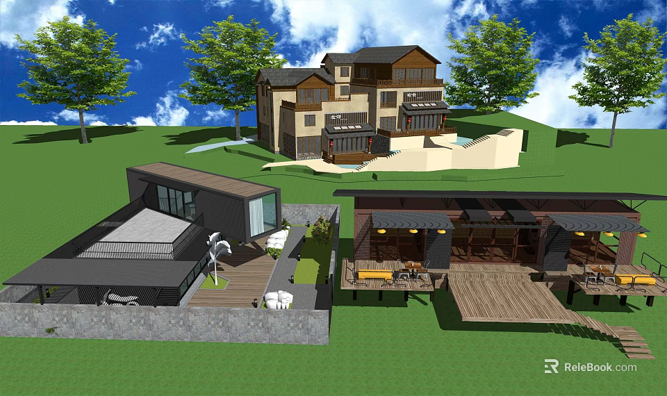 Contemporary Homestay Building Design With Multi story Structure Green Trees And Swimming Pool 3d model 