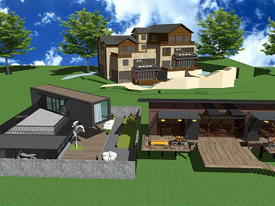 Contemporary Homestay Building Design With Multi story Structure Green Trees And Swimming Pool 3d model