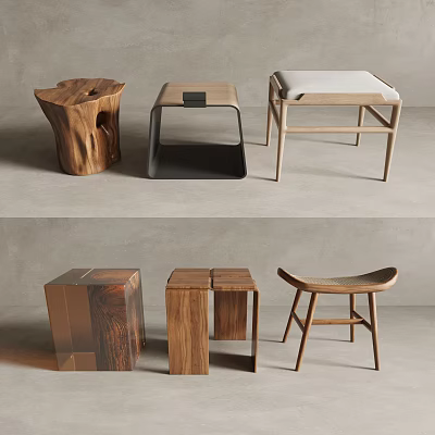 Modern Wooden Stools Featuring Various Designs And Minimalist Styles For Home Decor 3d model