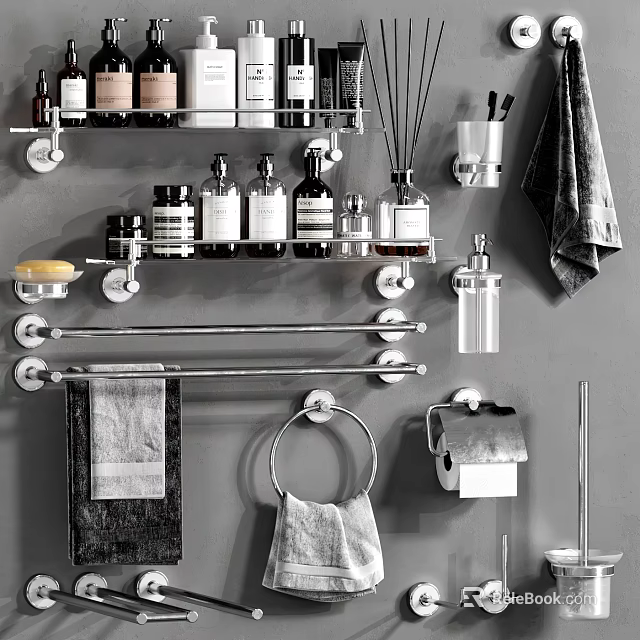 Modern Bathroom Accessories Set With Shelf Towel Bar Ring And Storage Holders 3d model 