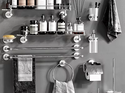 Modern Bathroom Accessories Set With Shelf Towel Bar Ring And Storage Holders 3d model