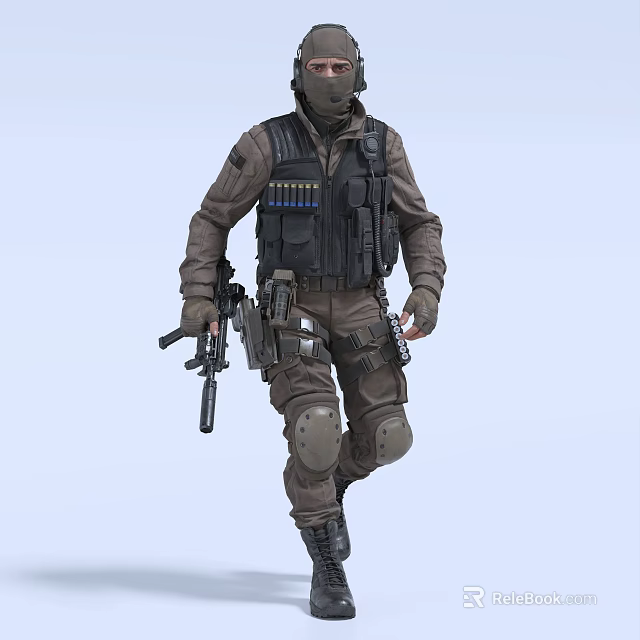 Man in Tactical Vest and Gear Holding Gun with Mask and Knee Pads 3d model 
