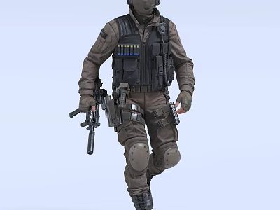 Man in Tactical Vest and Gear Holding Gun with Mask and Knee Pads 3d model