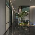 Modern Luxury Restaurant Interior With Curved Design Glass Partition Green Plants And Marble Floor