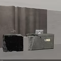 Modern Stone Reception Desk With Illuminated LOGO Computer Monitor Small Plant And Textured Gray Wall