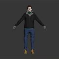 3D Rendered Male Character Wearing Black Jacket Green Hoodie Blue Pants And Yellow Boots