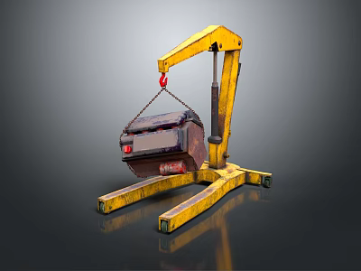 Yellow Industrial Crane Lifting Metal Block With Stable Base And Wheels 3d model