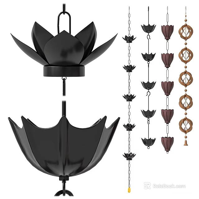 Decorative Black Lotus Shaped Hanging Wind Chimes With Metal Chains And Various Colors 3d model 