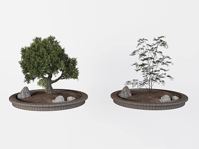 Two Ornamental Trees in Circular Brick Planters With Stones Soil and Green Foliage 3d model