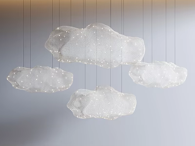 Decorative White Cloud Shaped Chandelier With Mesh Design Light Dots And Multiple Hanging Pendants 3d model