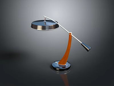 Modern Stylish Table Lamp Design With Metal Shade Adjustable Arm And Wooden Curved Base 3d model