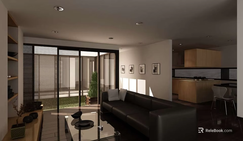 Modern Open Plan Living And Dining Room With Large Glass Sliding Doors And Stylish Furniture 3d model 