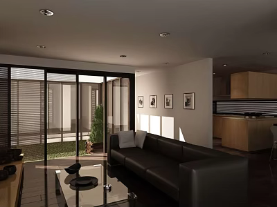 Modern Open Plan Living And Dining Room With Large Glass Sliding Doors And Stylish Furniture 3d model