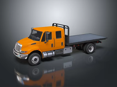Orange Double Cab Flatbed Truck With Black Flatbed And Gray Background Reflection 3d model