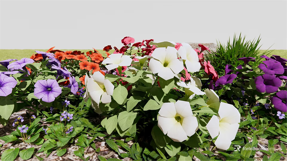 Vibrant Mixed Flowers In Natural Garden With White Red Purple Blooms And Green Leaves 3d model 