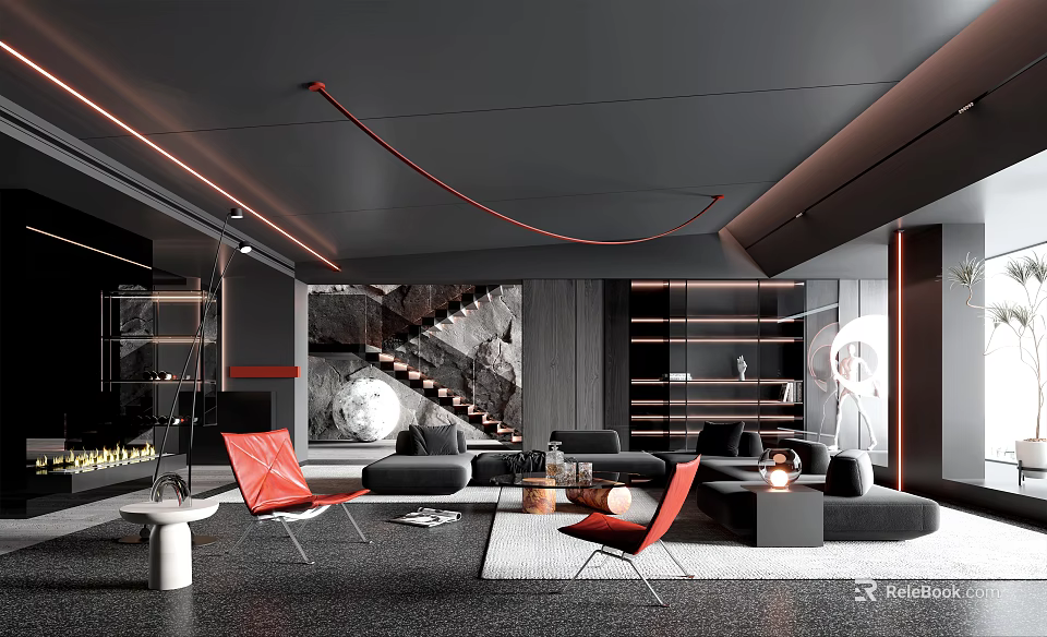 Modern Living Room Interior Design With Red Chairs Black Sofa Decorative Lighting And Bookshelves 3d model 
