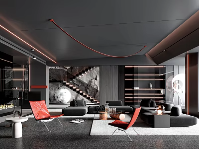 Modern Living Room Interior Design With Red Chairs Black Sofa Decorative Lighting And Bookshelves 3d model