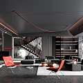Modern Living Room Interior Design With Red Chairs Black Sofa Decorative Lighting And Bookshelves