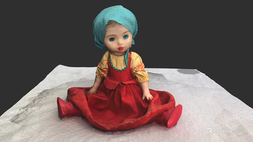 Traditional Doll With Blue Turban Yellow Blouse And Red Dress Sitting On White Surface 3d model 