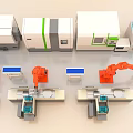 Advanced Industrial Equipment Featuring Orange Robotic Arms Automated Production Line And Blue Workbenches