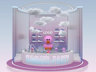 Summer Party Booth Design Featuring Cloud Decorations Pink Duck And LOGO 3d model