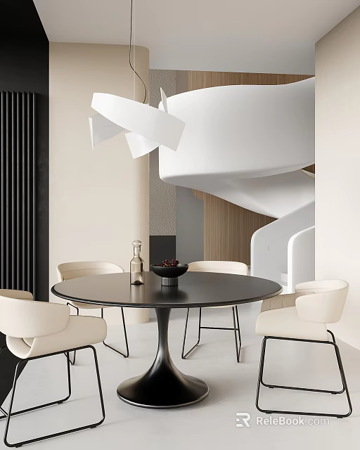Black Round Dining Table Set With White Chairs Bottle And Fruit Bowl Modern Interior 3d model 
