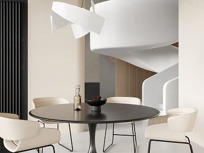 Black Round Dining Table Set With White Chairs Bottle And Fruit Bowl Modern Interior 3d model
