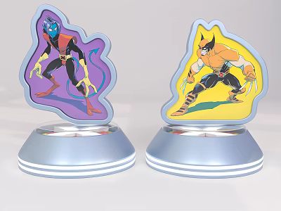 Two Stylish Decorative Figurines With Colorful Cartoon Characters On Light Up Bases 3d model