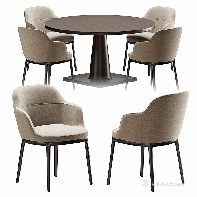 Modern Round Dining Table With Beige Armrest Chairs And Black Legs Set 3d model 