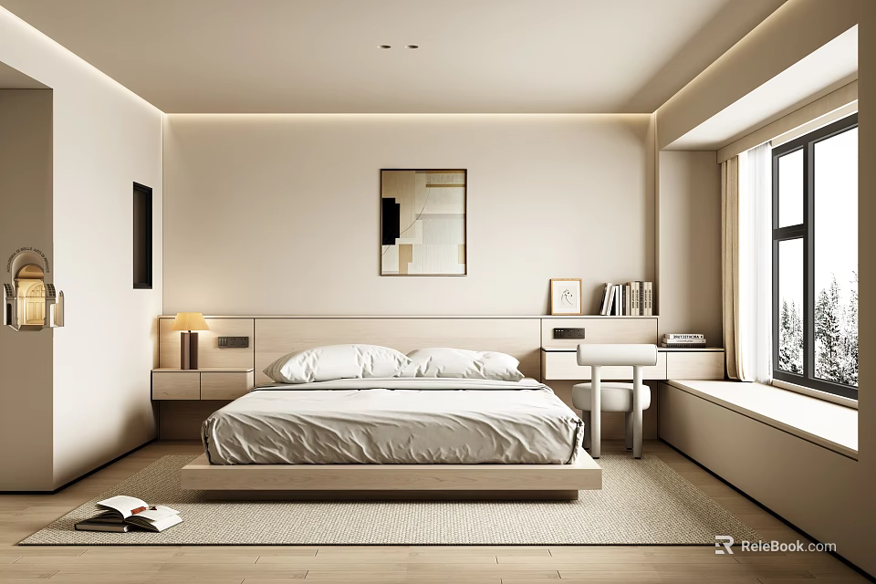 Minimalist Modern Bedroom Interior With Platform Bed Wooden Nightstand And Large Window View 3d model 