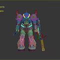 Blue Robot Character With Horns And Armor Standing Pose Holding Weapon In Game Anime Design