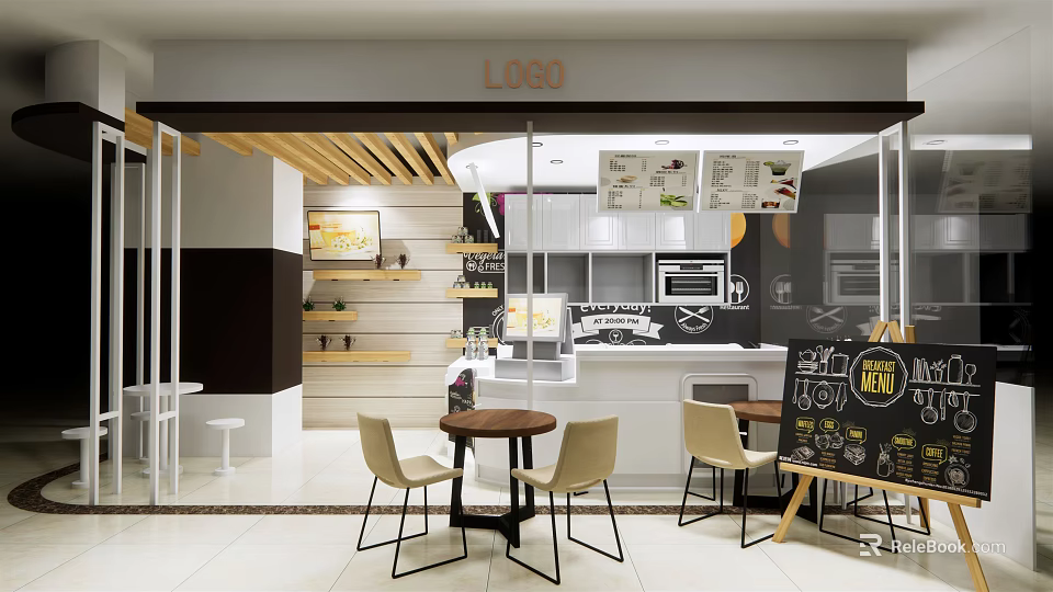 Modern Milk Tea Shop Interior With Wooden Decor Tables Chairs And Menu Board 3d model 