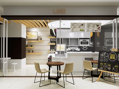 Modern Milk Tea Shop Interior With Wooden Decor Tables Chairs And Menu Board 3d model