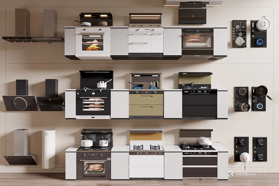 Modern Kitchen Appliances Display With Ovens Stoves Cabinets And Range Hoods 3d model 