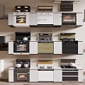 Modern Kitchen Appliances Display With Ovens Stoves Cabinets And Range Hoods