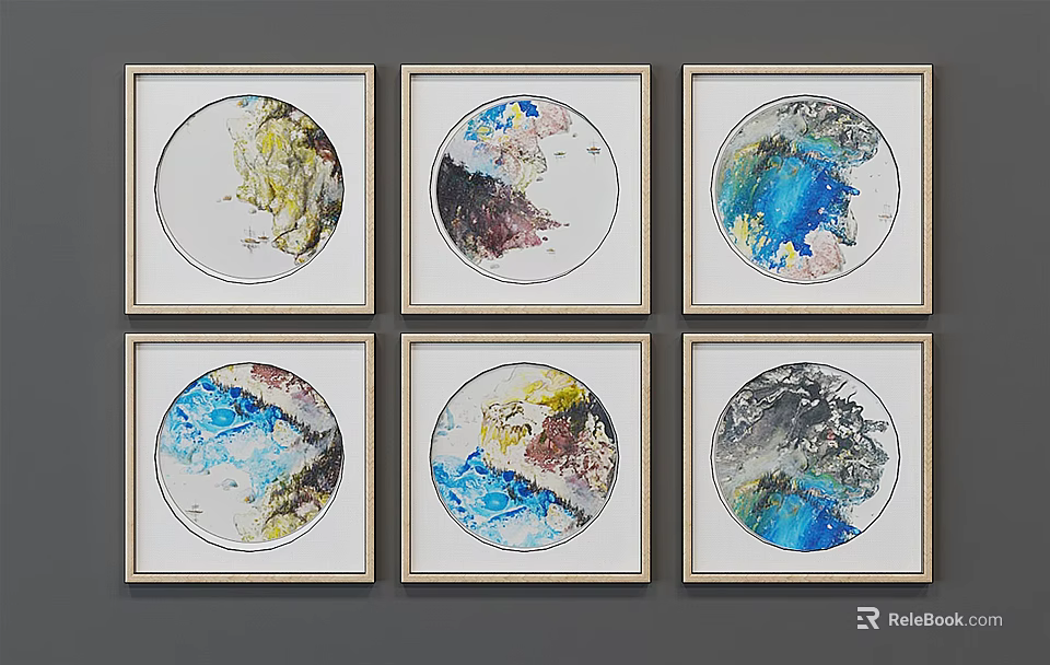 Six Circular Abstract Paintings Hanging in Wooden Frames on Gray Wall 3d model 