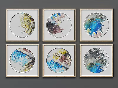 Six Circular Abstract Paintings Hanging in Wooden Frames on Gray Wall 3d model