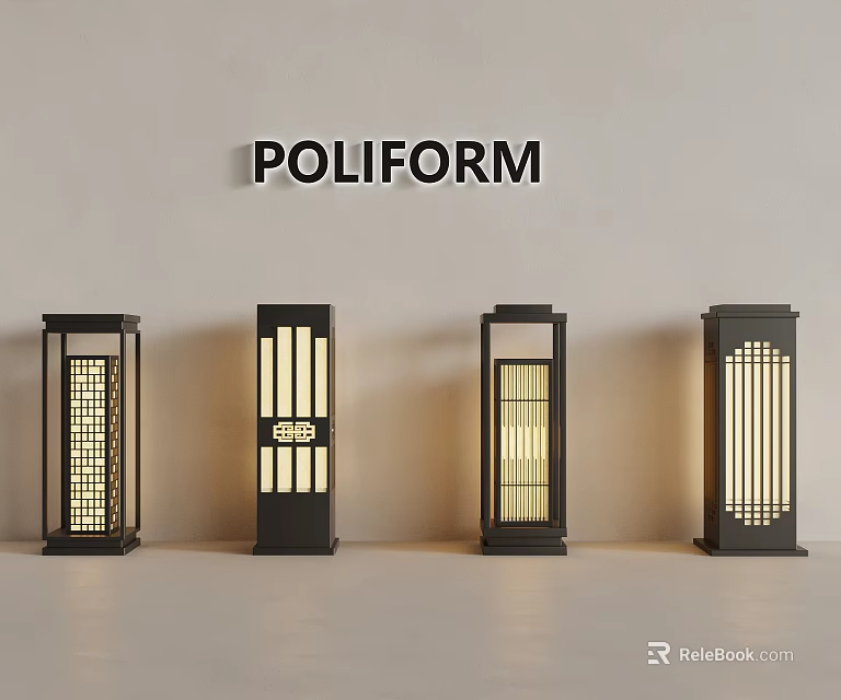 Stylish Outdoor Lights Featuring Various Grid And Striped Designs With Black Frame Illuminated 3d model 