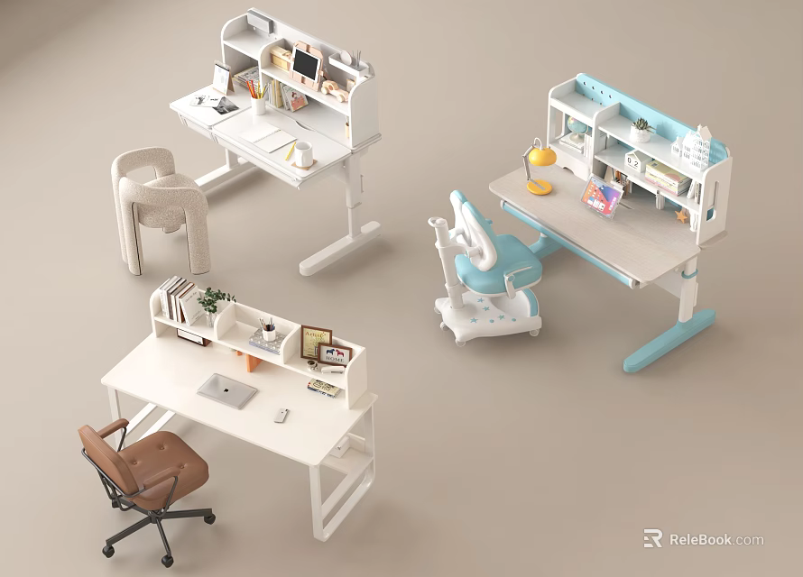 Modern White Blue Desk Design With Bookshelf And Matching Chairs 3d model 
