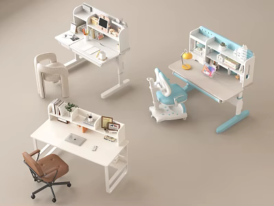 Modern White Blue Desk Design With Bookshelf And Matching Chairs 3d model