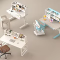 Modern White Blue Desk Design With Bookshelf And Matching Chairs