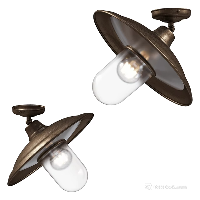 Vintage Metal Flush Mount Ceiling Lights With Glass Shades And Warm Glow Bulbs 3d model 